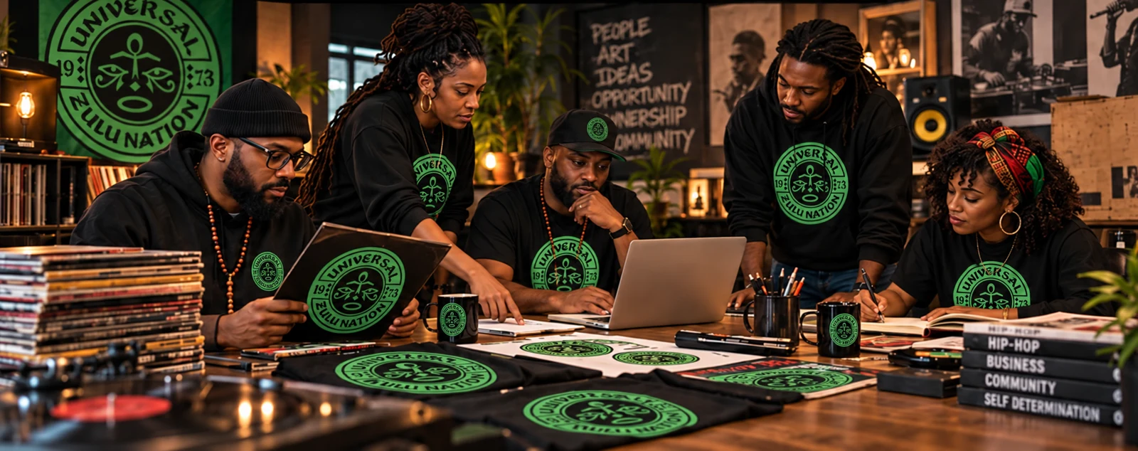 Women and men collaborating on music, apparel and creative business ideas